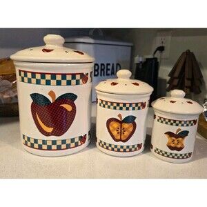 Vintage 1980s A Is For Apple Checkered Tabletops Unlimited 3 Canister Set